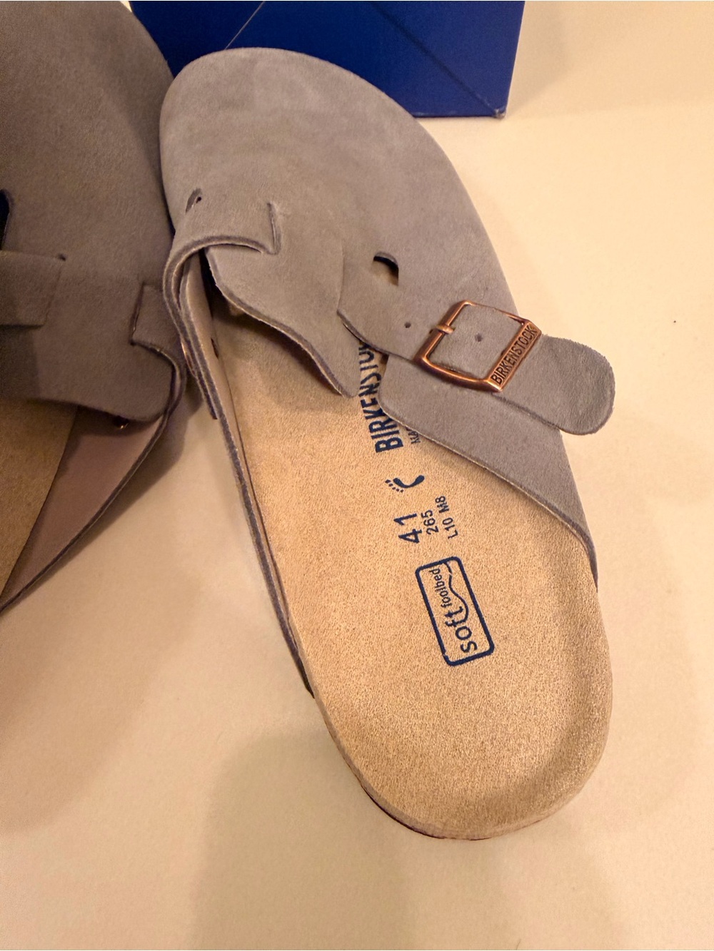 Birkenstock Grey Suede Boston Slip-On Clogs with Buckle - Picture 2 of 4